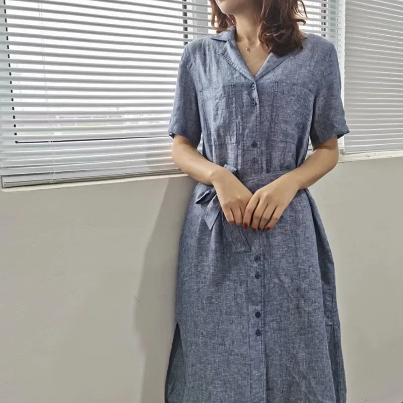 Cotton and linen women's pure linen dress lapel suit collar short sleeve belt shirt skirt
Cotton and linen women's pure linen dress lapel suit collar short sleeve belt shirt skirt