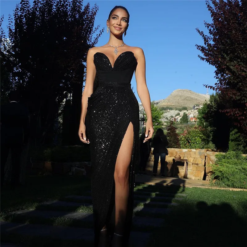 Elegant Sequins 2 Two Piece Set Sexy Strapless Tanks Top Black High Split Long Skirts New Fashion Runway Party Women Outfits
Elegant Sequins 2 Two Piece Set Sexy Strapless Tanks Top Black High Split Long Skirts New Fashion Runway Party Women Outfits