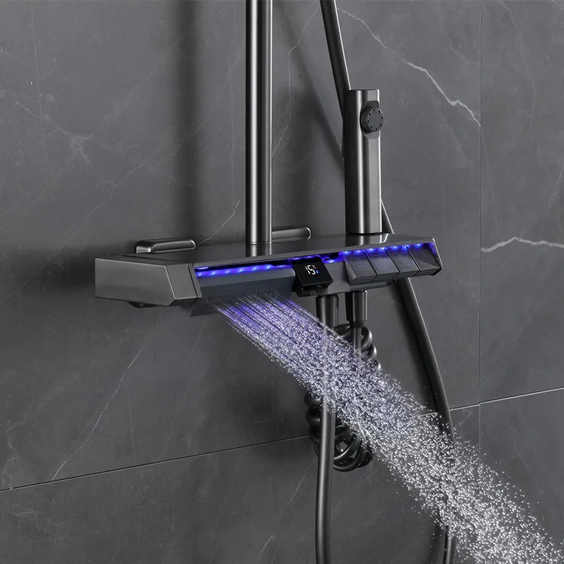 High-end brass gun gray shower set Wall mounted temperature display multifunctional thermostatic rainfall bathroom shower set
High-end brass gun gray shower set Wall mounted temperature display multifunctional thermostatic rainfall bathroom shower set