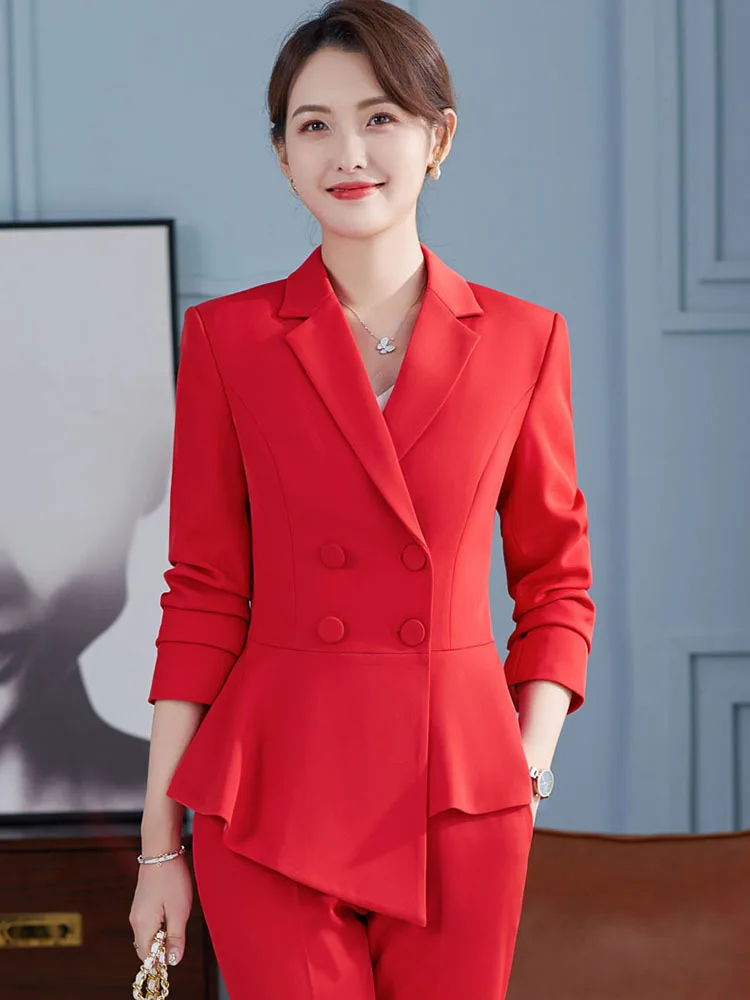 

Elegant Maroon Red Formal Uniform Designs Pantsuits With Jackets and Pants Women Business Suits OL Styles Ladies Blazers