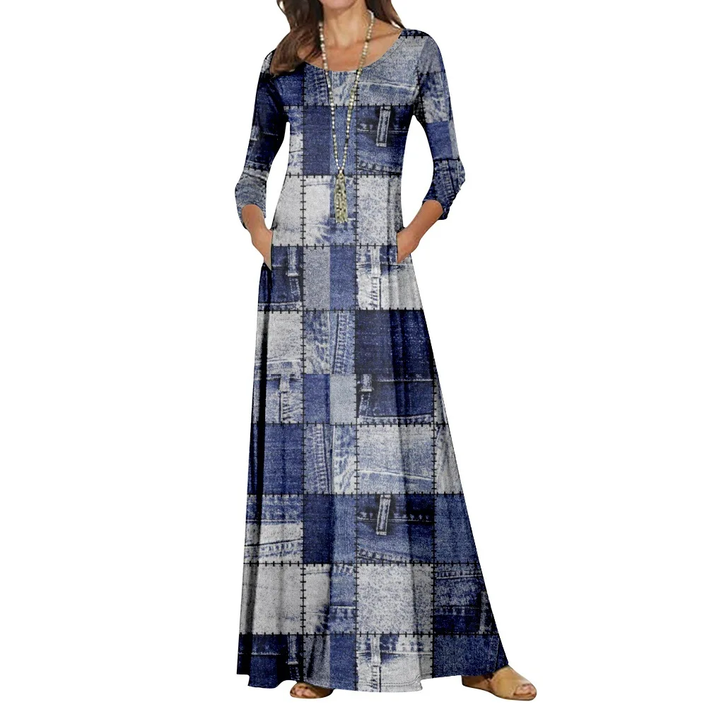 Fashionable and personalized plaid element pattern new European and American round neck long sleeved long dress clothing
Fashionable and personalized plaid element pattern new European and American round neck long sleeved long dress clothing