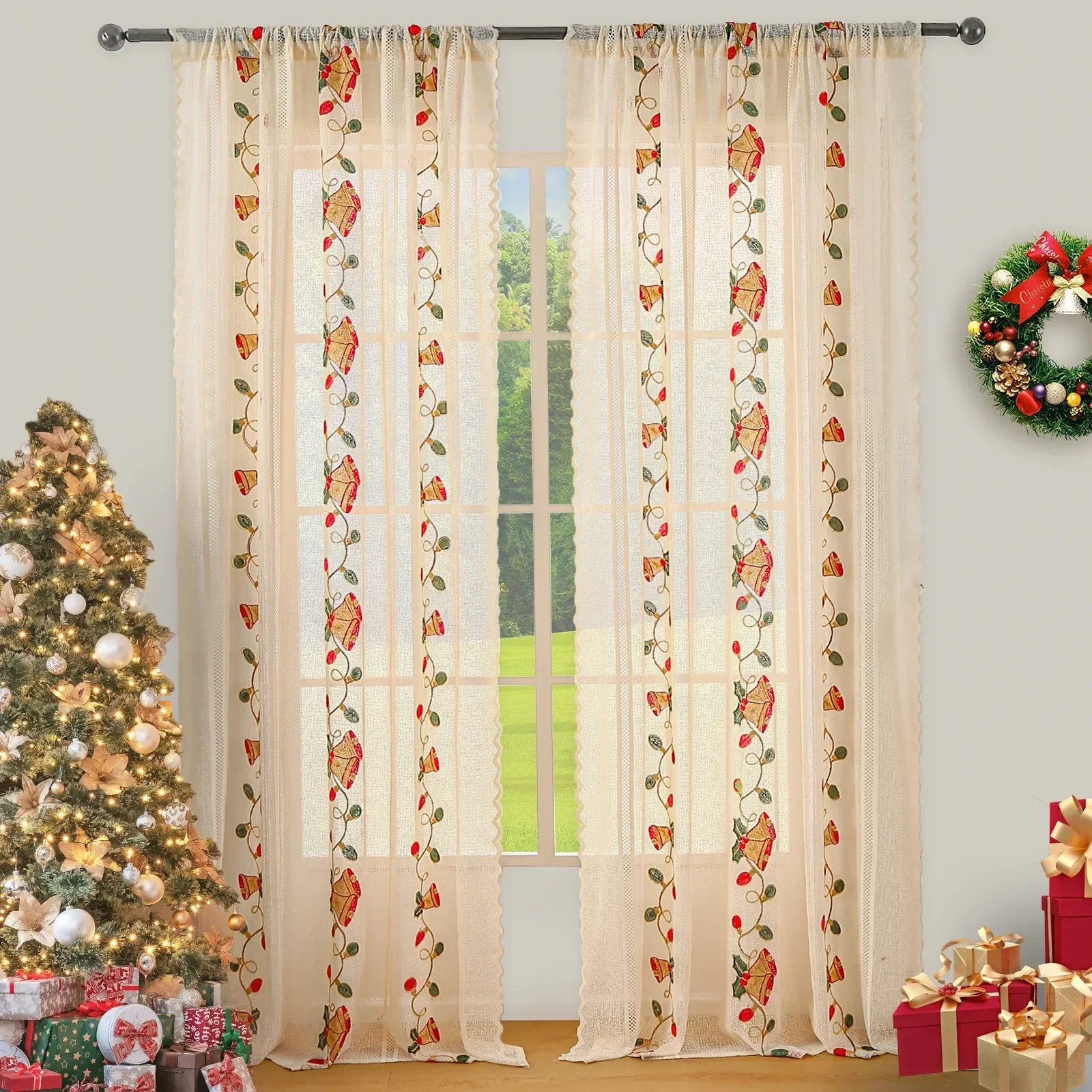 

American Christmas Curtain Bells Embroidered Lace Living Room Bedroom Kitchen Rectangular Beautify Decorated Door Curtain