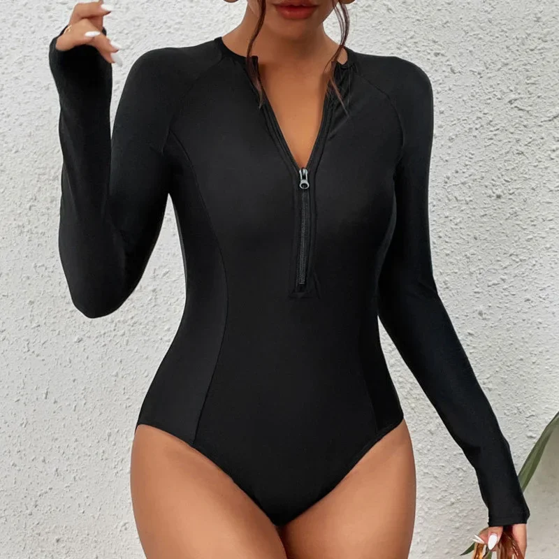 

New Black Long Sleeve Swimwear Sports One-Piece Swimsuits Closed Surfing Bodysuit Women's Swim Bath Bathing Suit Beachwear Pool