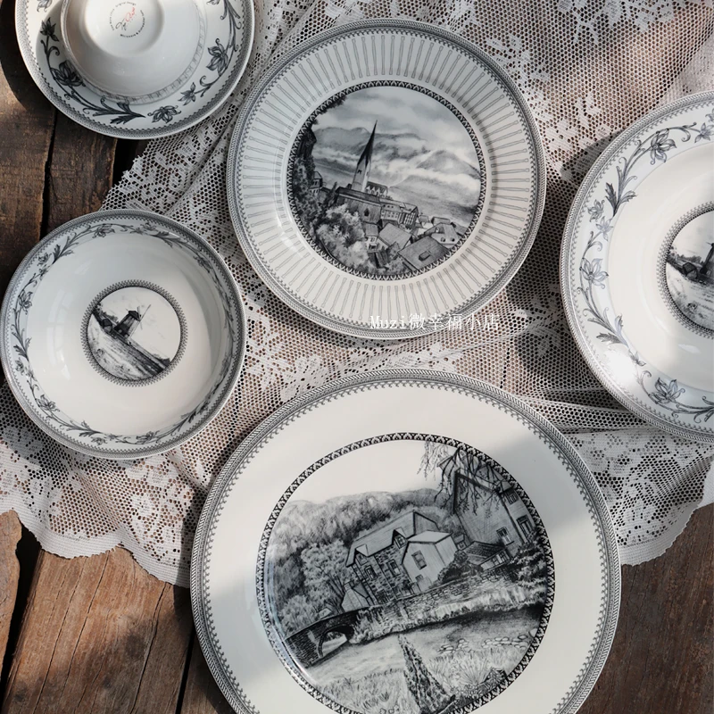 

European Pastoral Rural Western Food Plates, Bone China Home Soup Plates, Decorative Bowls, Cups, and Plate Sets