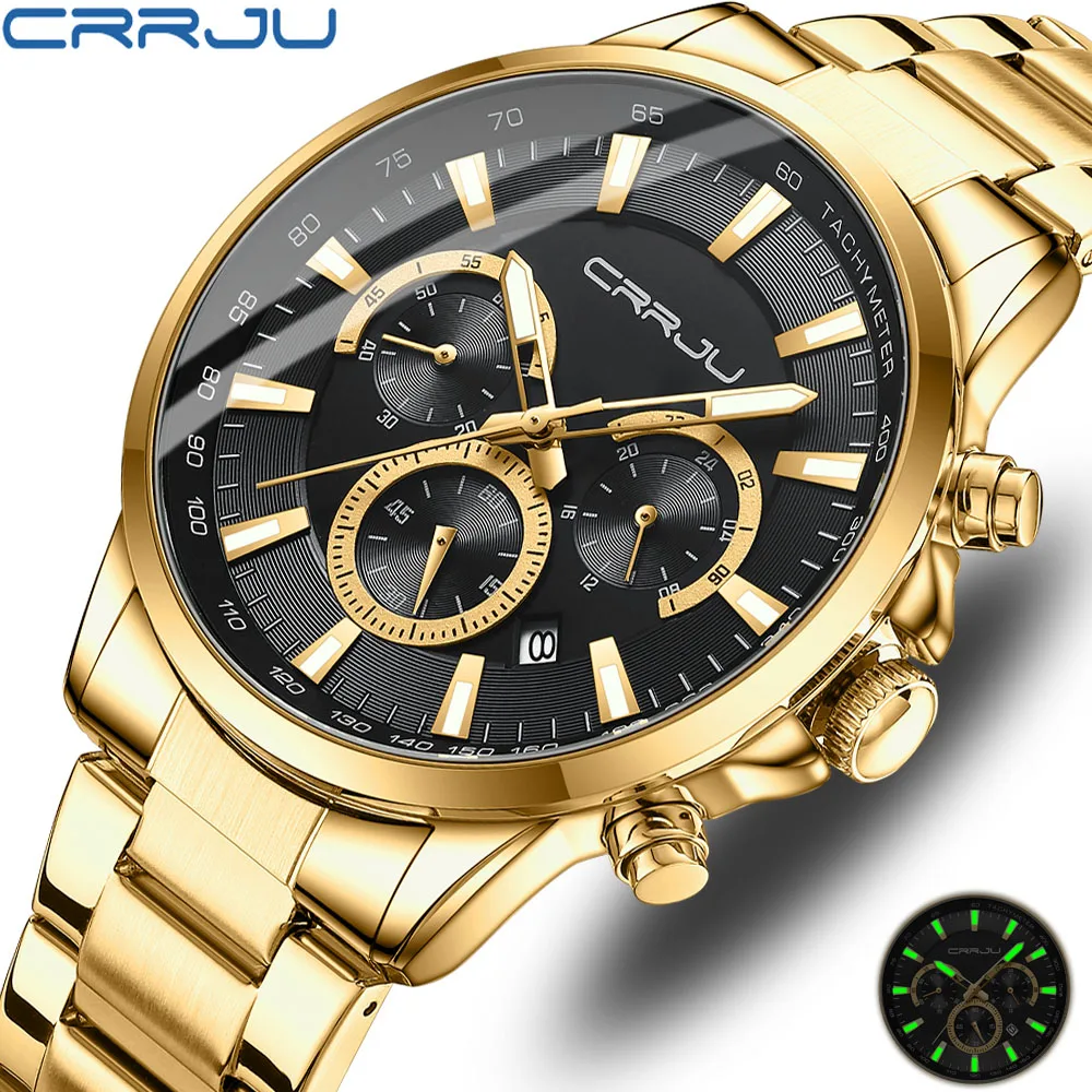 

CRRJU Watches for Men New Fashion Stainless Steel Strap Male Wristwatches with Luminous Hands Chronograph Sports Clock