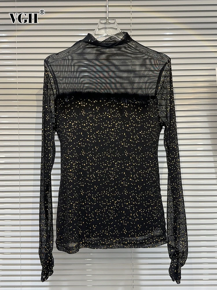 VGH Colorblock Patchwork Sheer Mesh Casual T Shirts For Women Stand Collar Long Sleeve Minimalist Pullover T Shirt Female Style
VGH Colorblock Patchwork Sheer Mesh Casual T Shirts For Women Stand Collar Long Sleeve Minimalist Pullover T Shirt Female Style