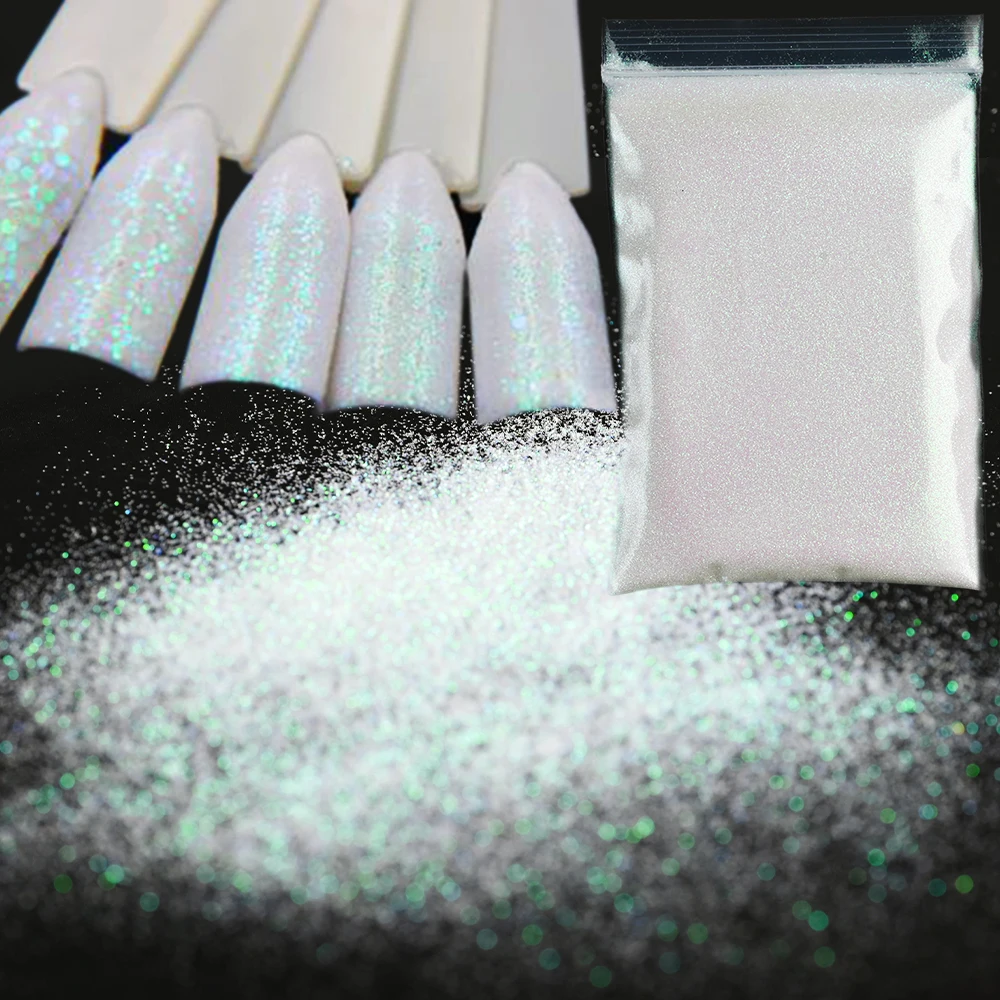 

50g/bag Iridescent White Black Nail Glitter Powder Sparkle Pigment UV Gel Polish Chrome Pigment Dust Nails Art Decoration