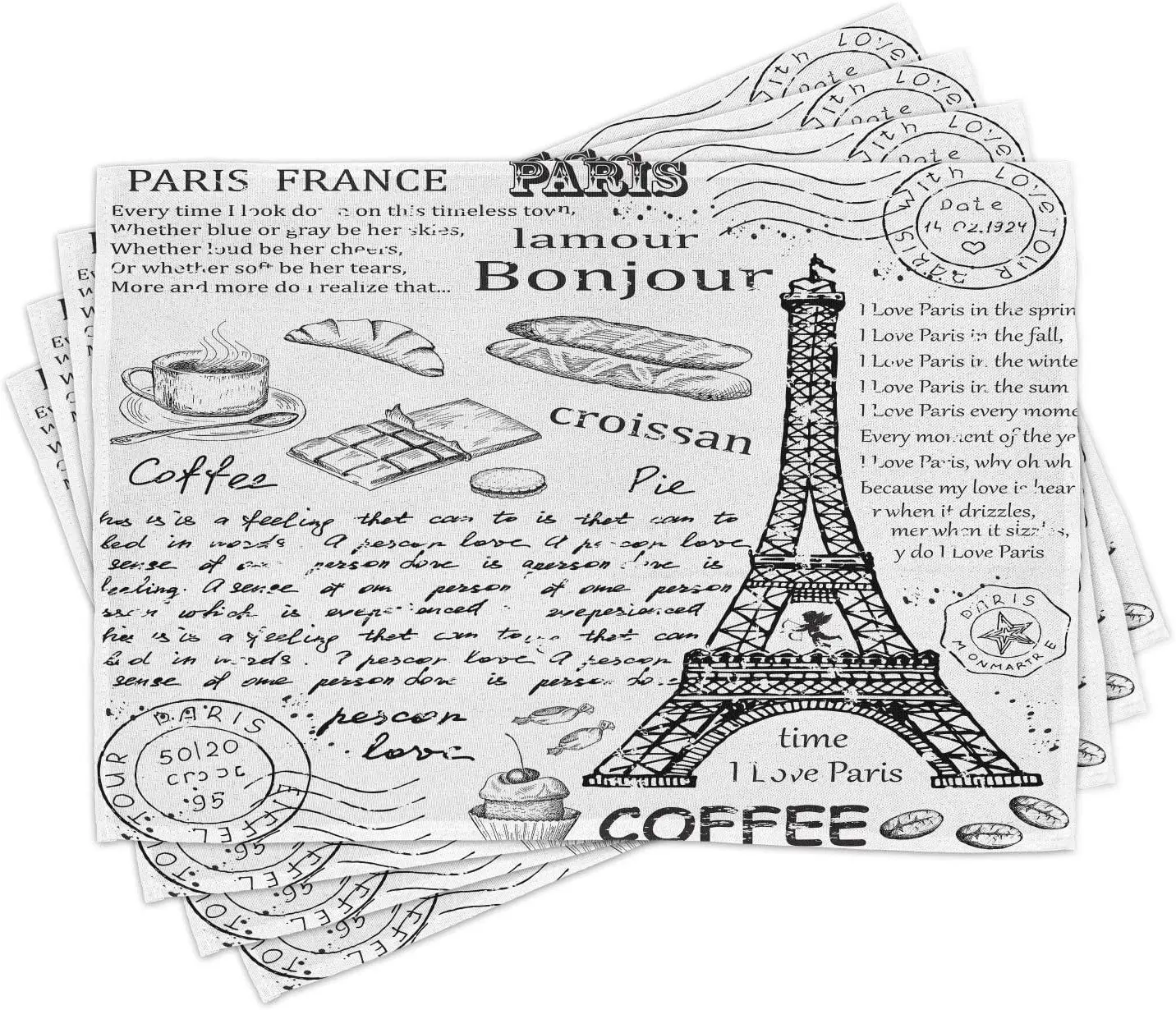 

Paris Place Mats Set of 4 Traditional Parisian Elements Bonjour Croissan Coffee Eiffel Tower Print Washable Fabric Placemats