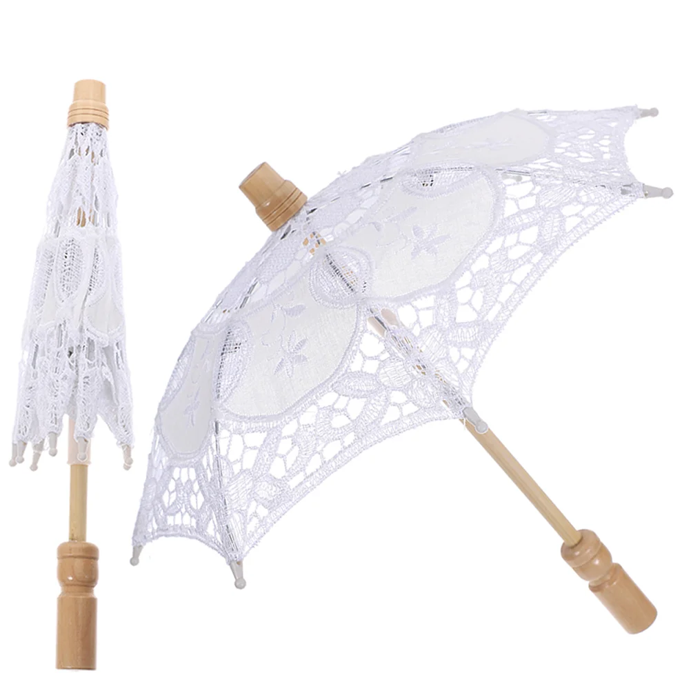 

2 Pcs Prop Umbrella Elegant Lace Bride Parasol Wedding Decor Vintage White Wooden Ornament Umbrellas for Rain