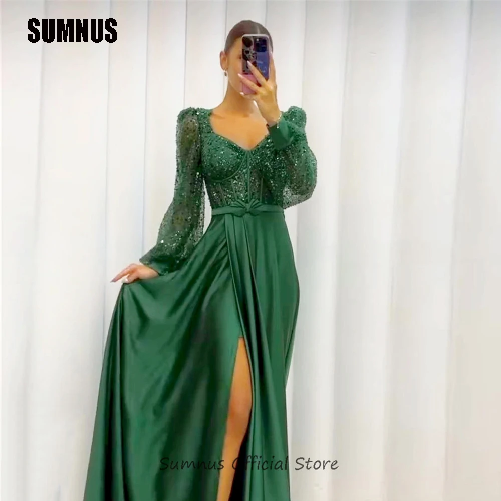 

SUMNUS Green Satin A-Line Evening Party Dresses Sequined Long Puff Sleeve Slit Prom Gowns Dubai V-Neck Formal Dress Saudi Arabic