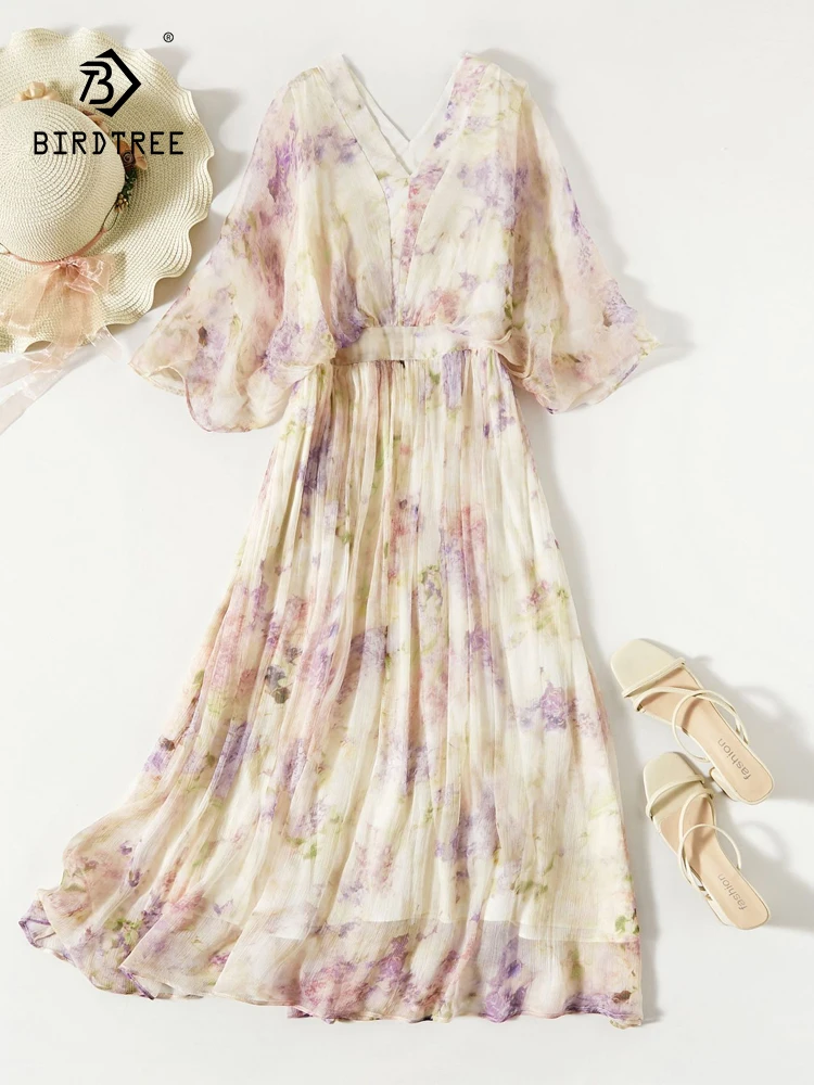 

BirdTree, 100%Real Silk OL Elegant Dresses, Women V Neck Short Sleeve Printed, Beach Vacation Party Dress, 2024 Summer D45462QC