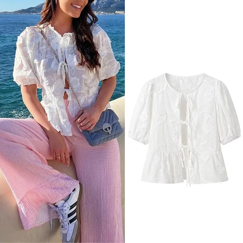 White Summer Floral Blouses For Women 2024 Lace Up Bow Shirts Short Sleeve T Shirts Embroidered Elegant Casual Cute Tops 
White Summer Floral Blouses For Women 2024 Lace Up Bow Shirts Short Sleeve T Shirts Embroidered Elegant Casual Cute Tops