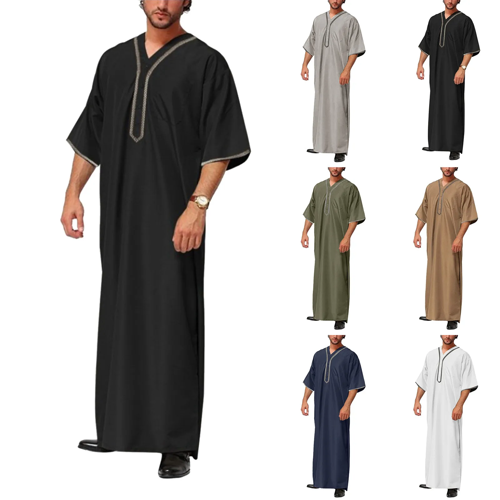 

Muslim Men Jubba Thobe Solid Color Button Summer Middle Robe Saudi Musulman Shirt Stand Collar Islamic Arabic Kaftan Men Abaya