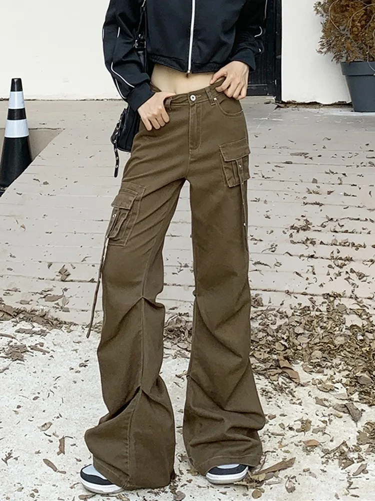 

GUUZYUVIZ Black American Style Streetwear Y2k Denim Cargo Pants Women 2024 New Fashion Casual Vintage Pocket Flare Jeans Femme