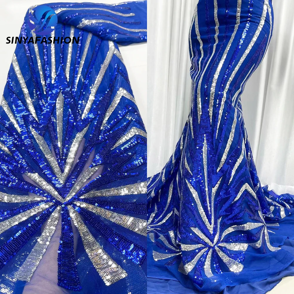 

Sinya 5 Yards Latest Nigerian French Mesh Embroidery Fabric For Wedding Party Dress High Quality African Royal Blue Sequins Lace