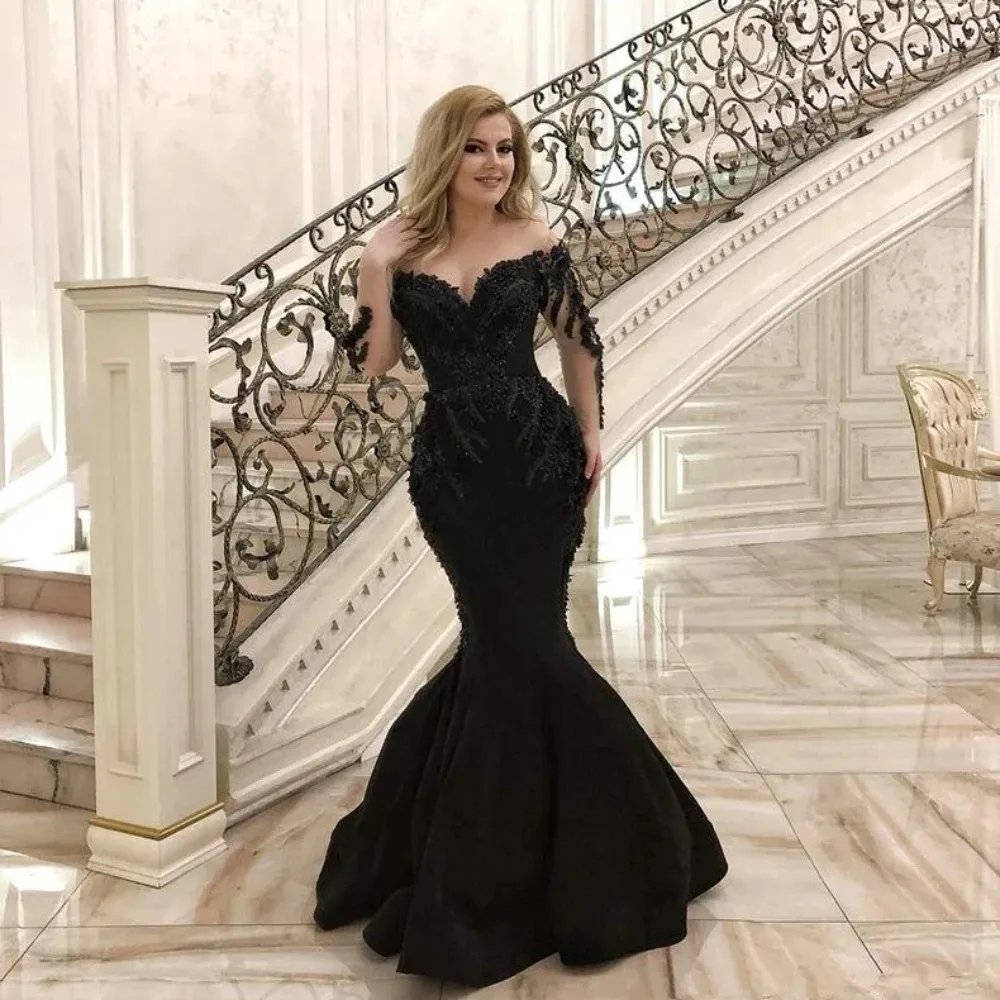 Sparkling Black Mermaid Evening Dresses Saudi Arabic Off Shoulder Long Sleeves Formal Prom Party Gown Elegant Vestido
Sparkling Black Mermaid Evening Dresses Saudi Arabic Off Shoulder Long Sleeves Formal Prom Party Gown Elegant Vestido