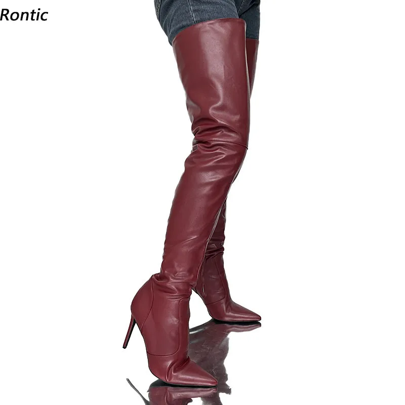 

Rontic New Fashion Women Winter Thigh Boots Stiletto High Heels Pointed Toe Pretty Wine Red Party Shoes US Size 5-15