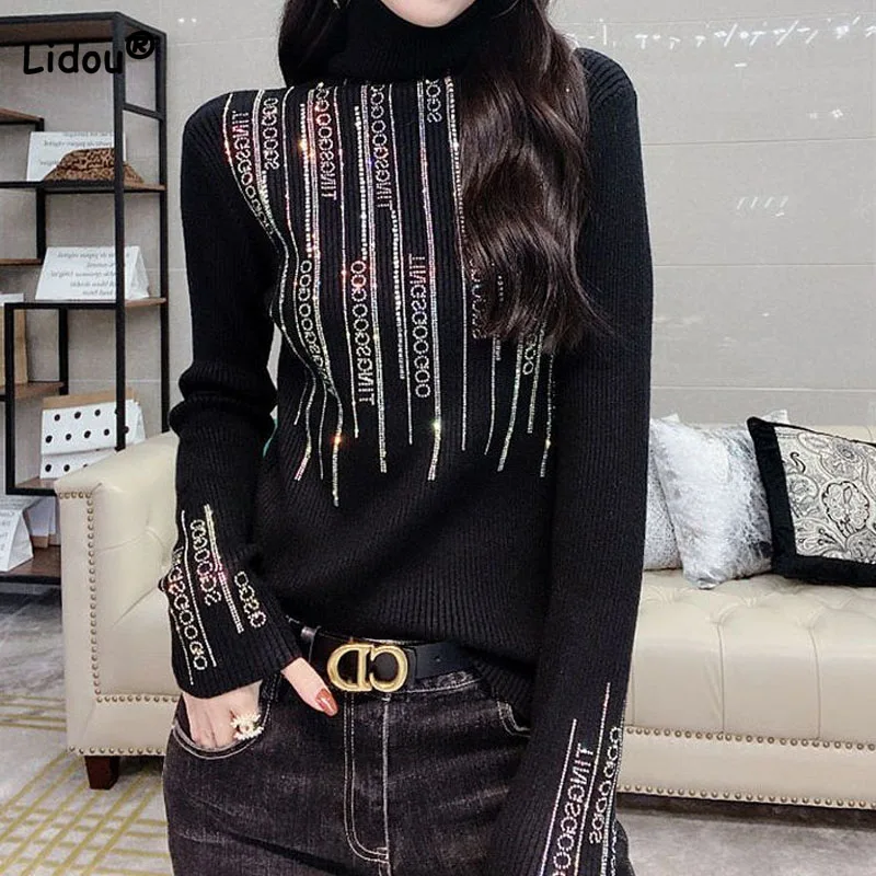 

Autumn Winter Female Korean Diamonds Spliced Solid Sweaters Casual Fashion Long Sleeve Turtleneck Knitted Tops Women's Clothing