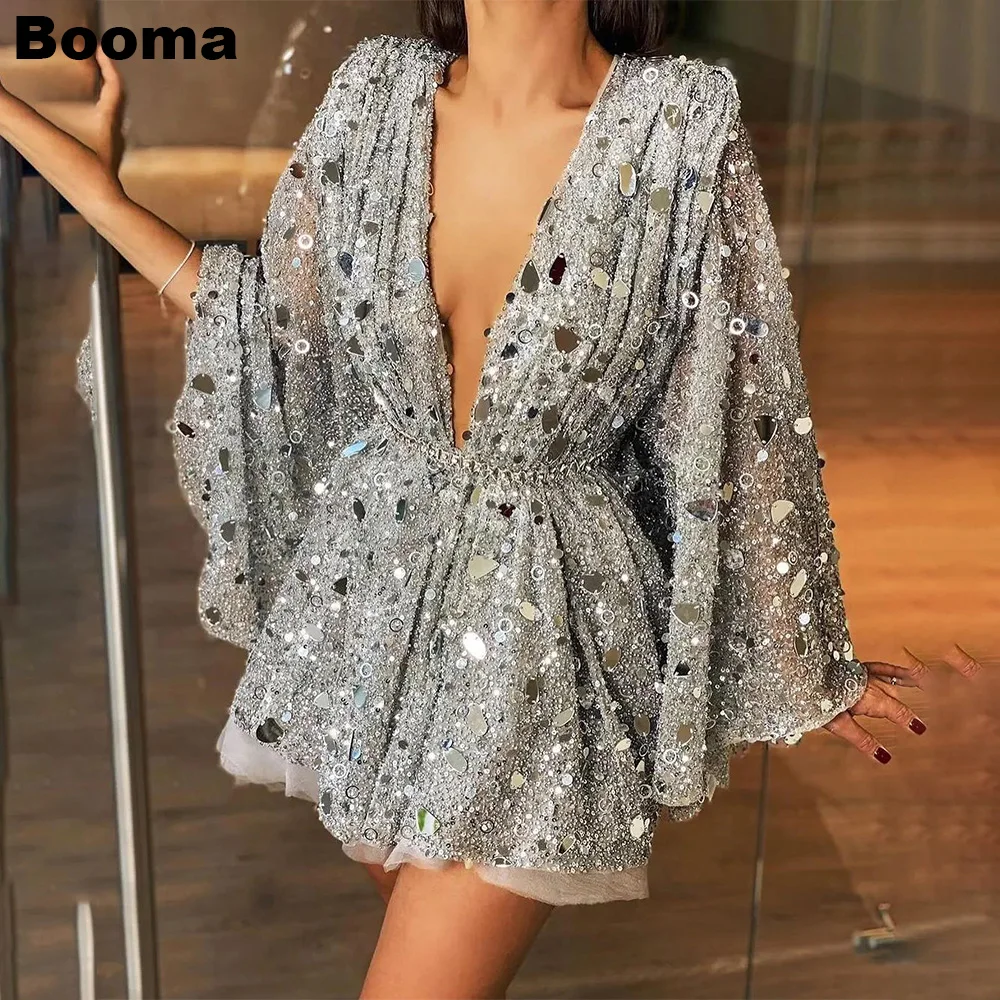

Booma Sequined Sexy Cocktail Dresses Deep V Neck Long Sleeves A Line Mini Prom Dresses Special Occasion Party Gowns for Evening