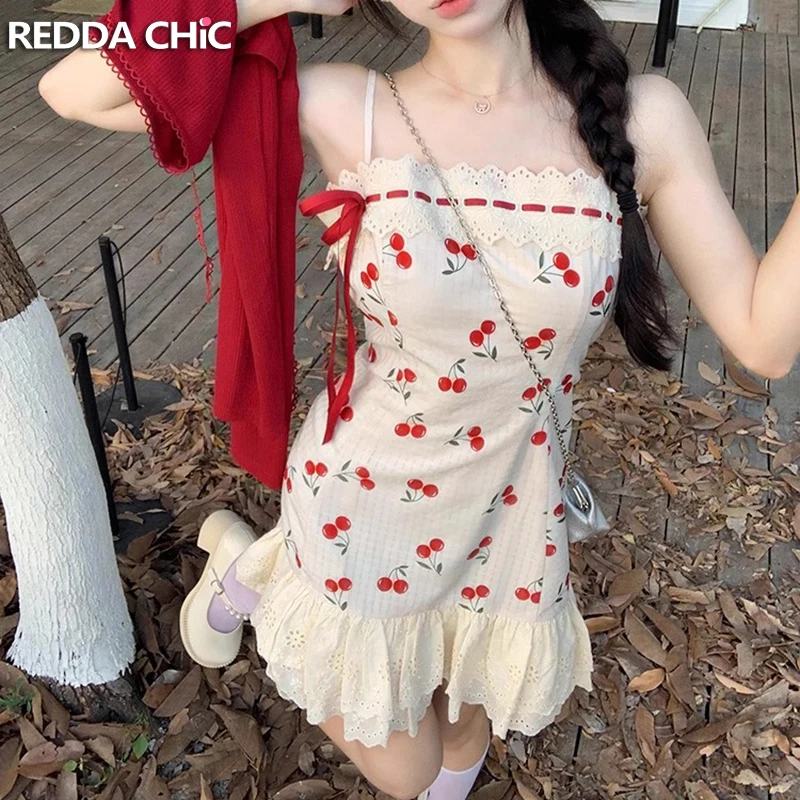 

REDDACHiC Summer Cherry Red Mini Dress Women Square Neck Lace Trim Patchwork Bandage Camisole Desire One-piece Vintage Clothes