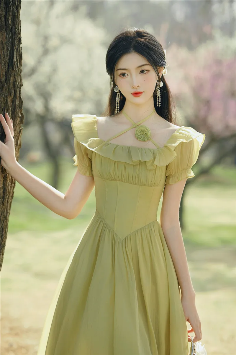 2023 new fashion casual women's clothing French Retro Dress Fruit Green Long Dress with Shoulder
2023 new fashion casual women's clothing French Retro Dress Fruit Green Long Dress with Shoulder