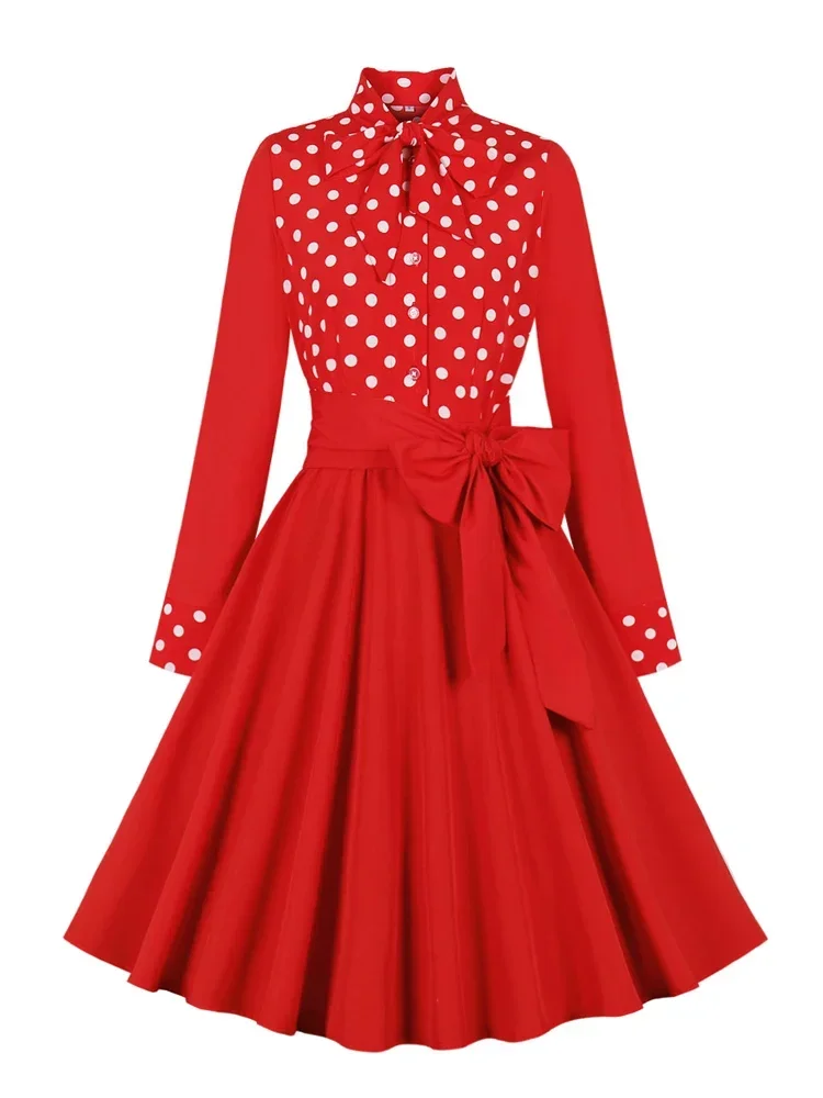 

Bow Neck Button Up Red Polka Dot Print Vintage Dress Women Long Sleeve Belted Pinup Swing Retro 50s Party Dresses Vestdios