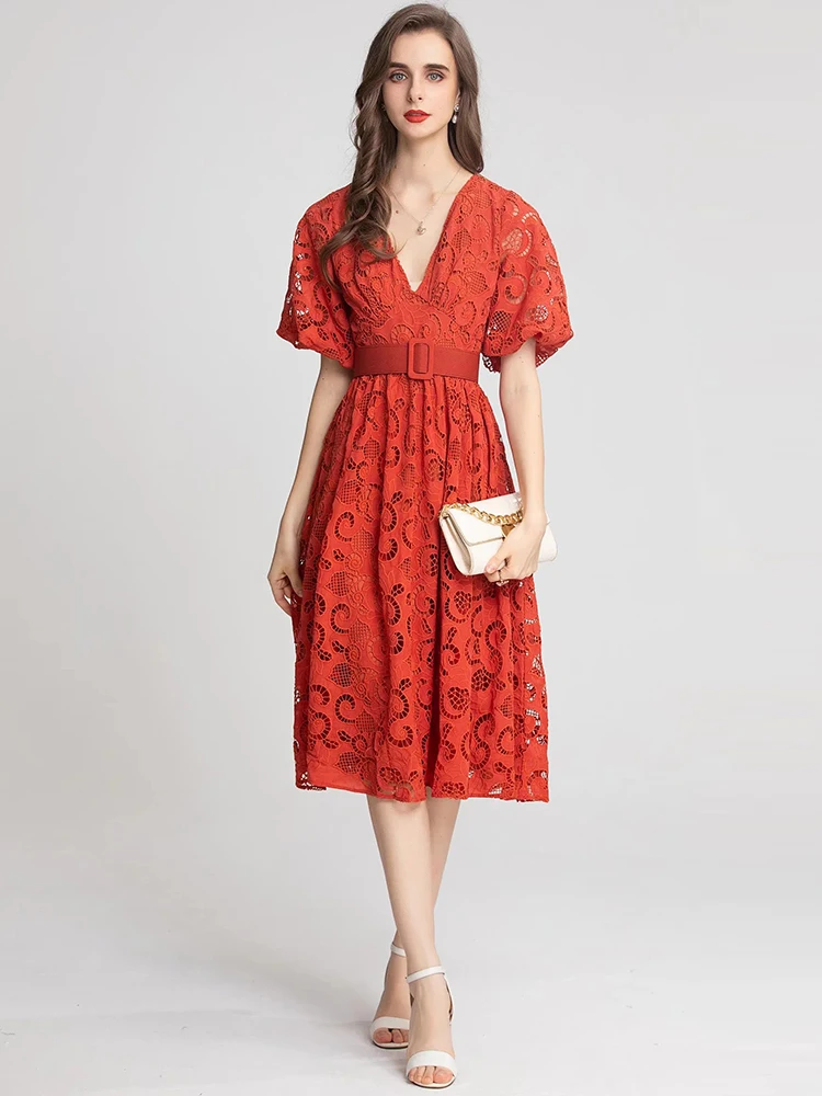 2023 Fashion Designer Summer Women's V Neck Puff sleeve Hollow out Sashes Elegant Red Dresses
2023 Fashion Designer Summer Women's V Neck Puff sleeve Hollow out Sashes Elegant Red Dresses