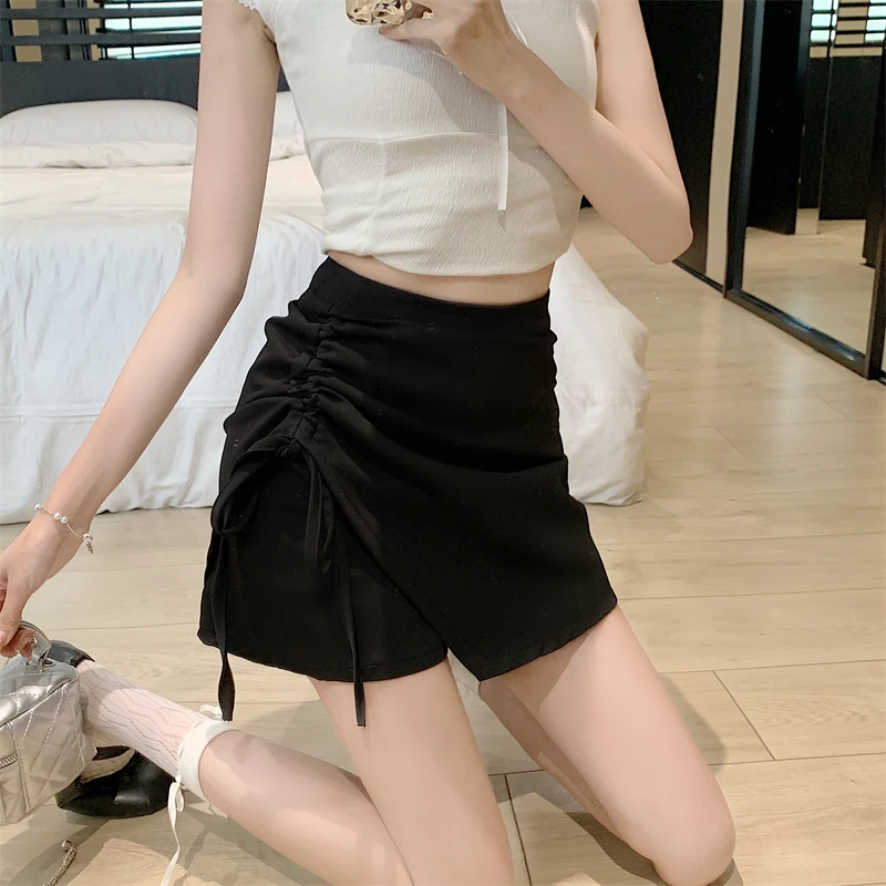 

Мини-юбка на шнуровке сбоку, женские модные короткие юбки для офиса, облегающая трапециевидная юбка в Корейском стиле, Женская Повседневная однотонная плиссированная юбка