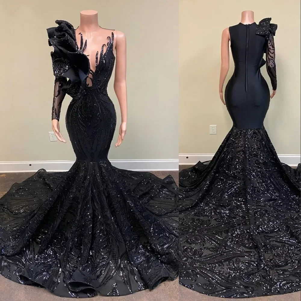 

Sexy Prom Dresses Mermaid Long Sleeve Black Sequined Lace Applique One Shoulder Jewel Neck African Girl Gala Evening Party Gowns