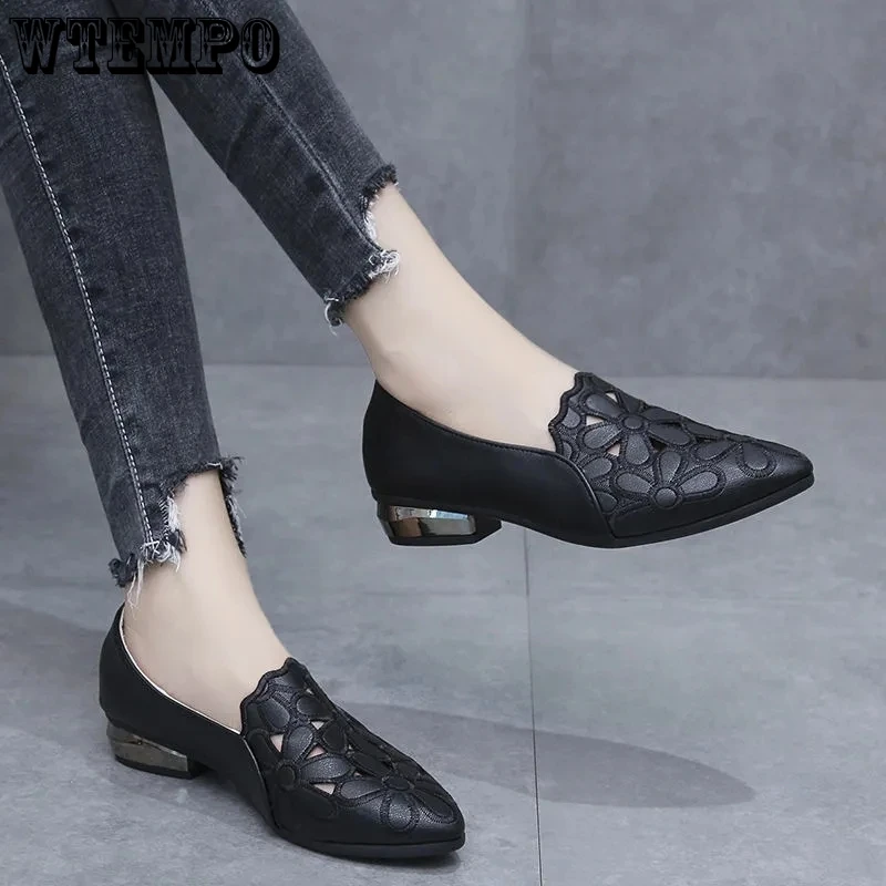 

Туфли женские кожаные с вышивкой, мягкая простая повседневная обувь на низком каблуке, заостренный носок, без застежки, в британском стиле, черные, весна-осень