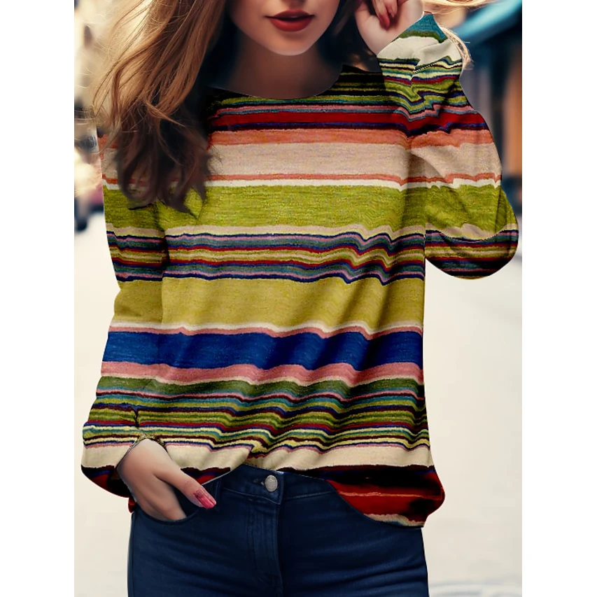 Colorful Striped Long Sleeve Tops Autumn Women T Shirt Fashion Casual Female Clothing Everyday Streetwear O-Neck Loose Pullovers
Colorful Striped Long Sleeve Tops Autumn Women T Shirt Fashion Casual Female Clothing Everyday Streetwear O-Neck Loose Pullovers
