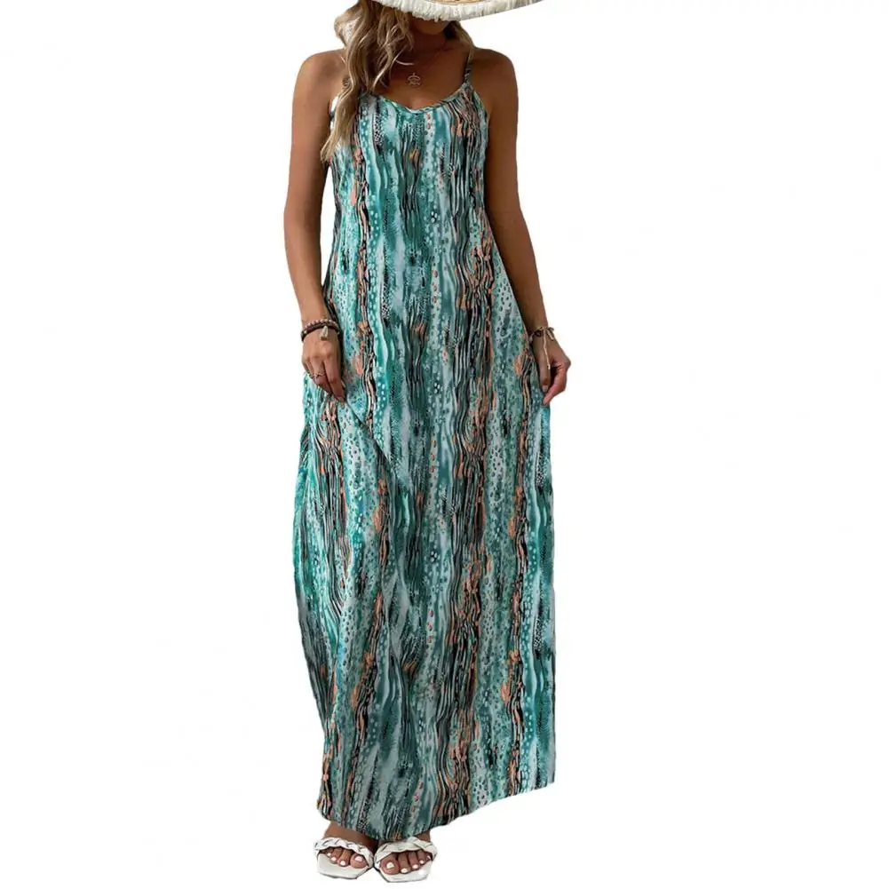 

Women Printed Dress Bohemian Style Vacation Dress for Women V Neck Printed Maxi Sundress with Soft Beach Strappy Design Resort