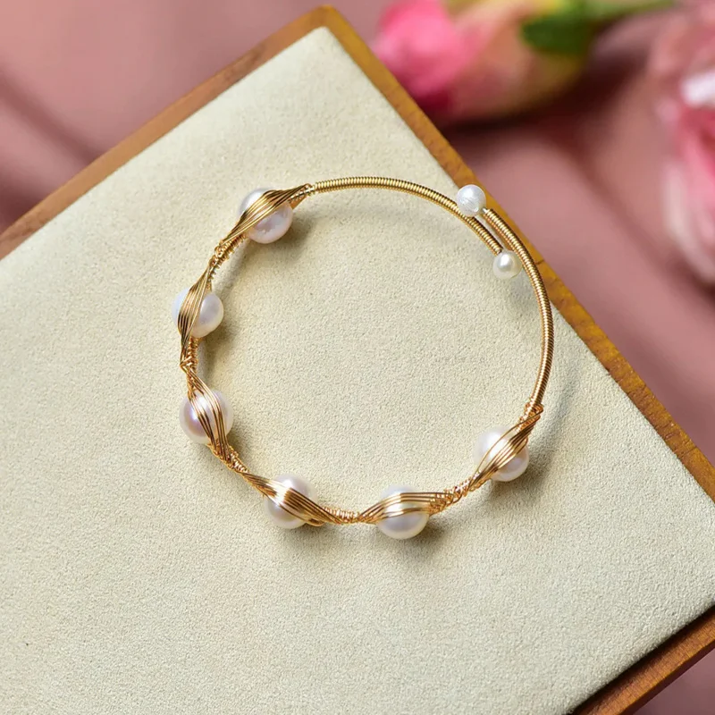 

Natural Freshwater Pearl Winding Bracelet Adjustable 14K Gold Filled Charm Open Bangle Niche Luxury Jewelry For Girl Friend