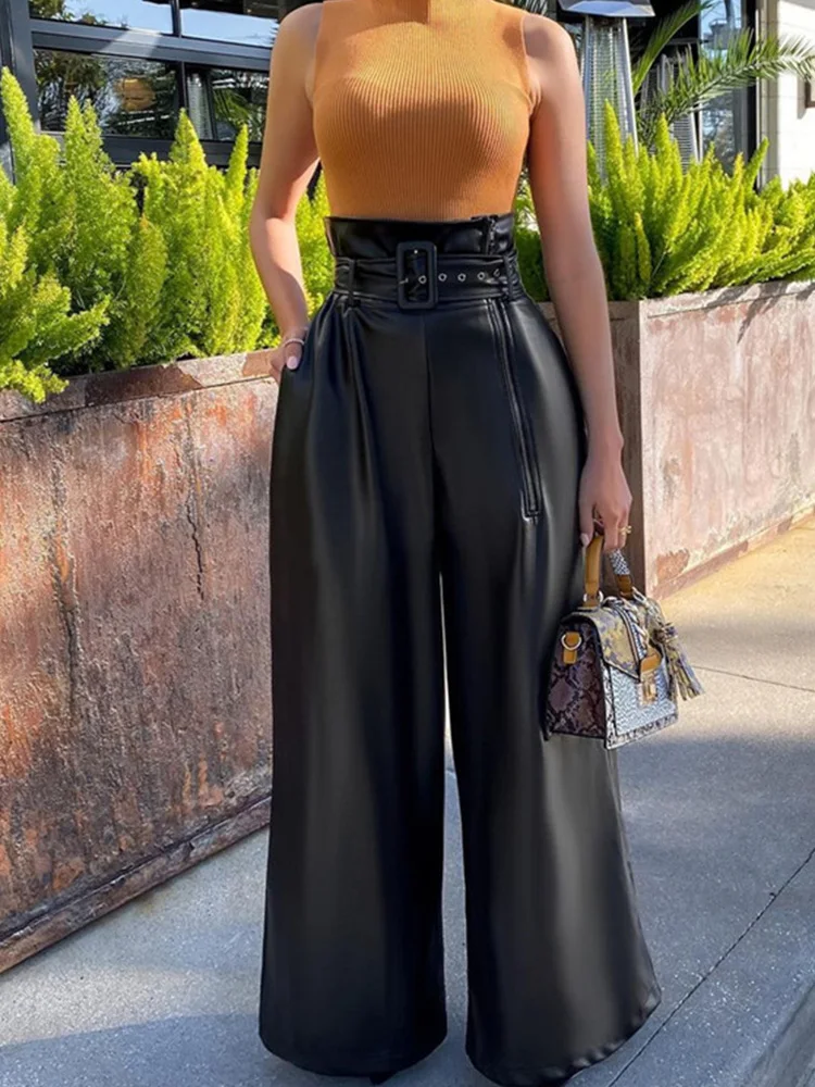 High Waist Metal Belt Wide Leg PU Leather Pants Casual Streetwear Loose Full Length Trousers
High Waist Metal Belt Wide Leg PU Leather Pants Casual Streetwear Loose Full Length Trousers