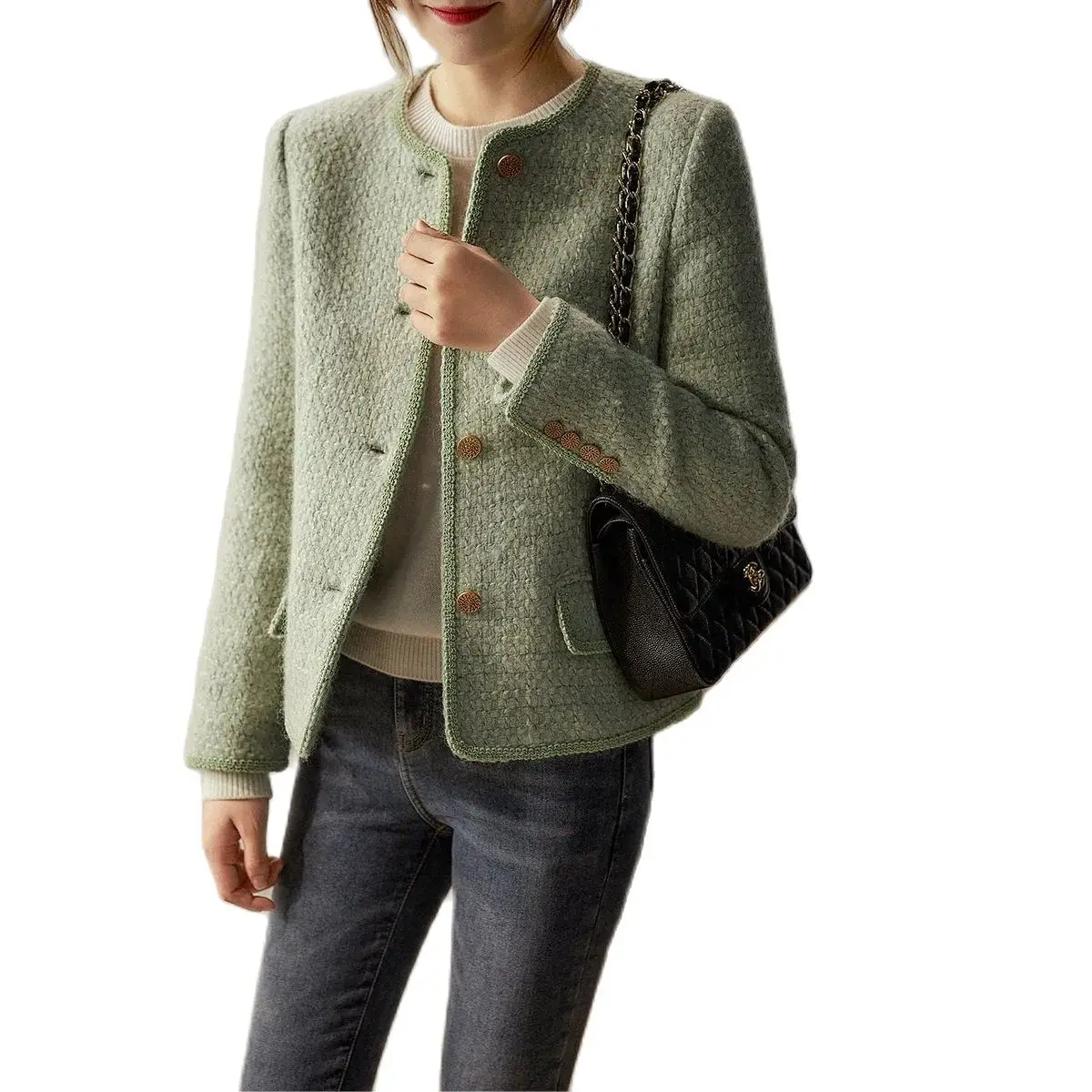 Women Classic Green Woven Tweed Handcraft Short Faux Wool Jacket Fall 2022 Slim Outwear Ladies Woolen Coat
Women Classic Green Woven Tweed Handcraft Short Faux Wool Jacket Fall 2022 Slim Outwear Ladies Woolen Coat