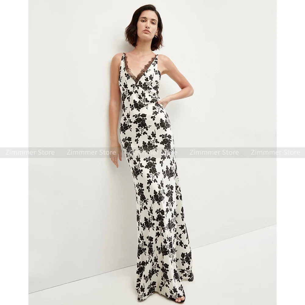 

Europe and the United States niche retro black and white printed lace lace V-neck sleeveless high-waisted dresses long dresses