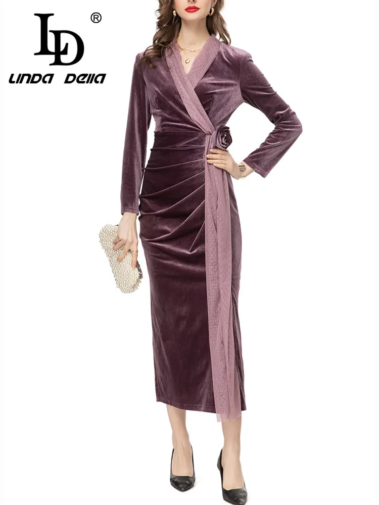 

LD LINDA DELLA Autumn New Style Dress party evening elegant luxury celebrity Women's Applique Splice High waist Slit Dress