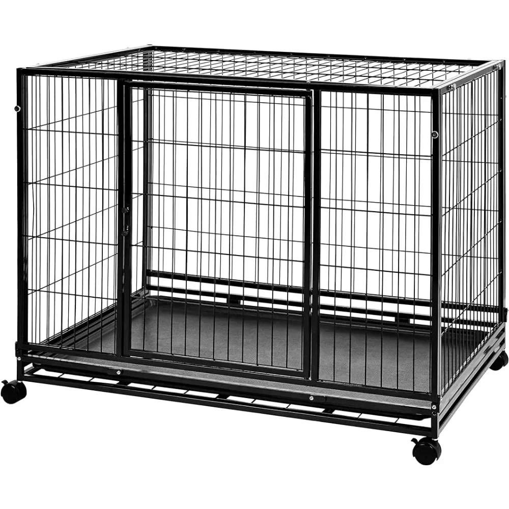 

Stairs for Dogs Heavy Duty Stackable Dog Pet Kennel on Wheels With Tray 43.5“L X 29.8”W X 34.3“H Black Crates-f- Houses & Pens