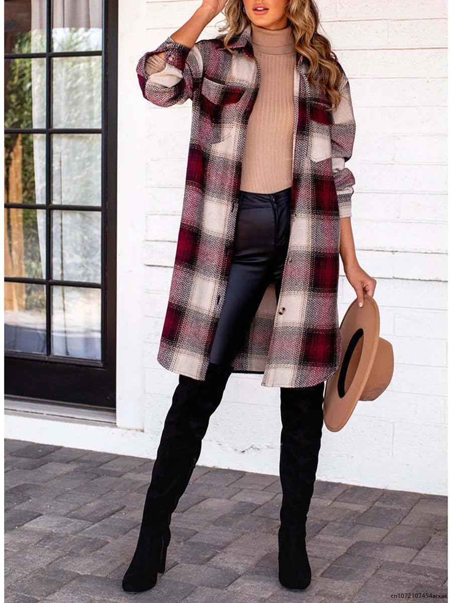 Women's Woolen Plaid Coat Lapel Collar Long Sleeve Buttons Contrast Color Lattice Long Jacket Garment Autumn Winter Overcoat
Women's Woolen Plaid Coat Lapel Collar Long Sleeve Buttons Contrast Color Lattice Long Jacket Garment Autumn Winter Overcoat