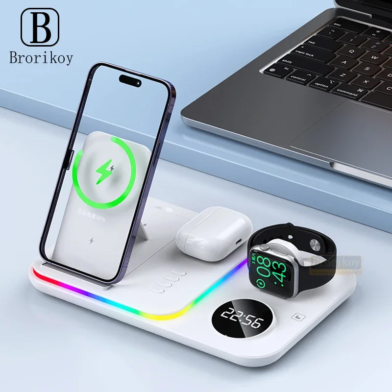 

5 In 1 Wireless Charger Stand Pad For iPhone 15 14 13 12 Apple Watch Airpods RGB Light Desk Chargers Fast Charging Dock Station