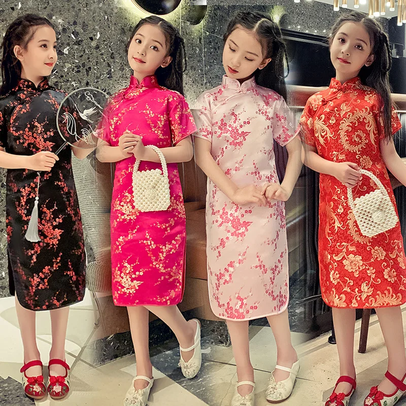 

Summer Children Cheongsam Dragon Phoenix Embroidery Qipao Princess Dress Chinese Style Dress Gift Tang Clothes