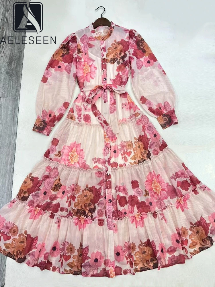 

AELESEEN Runway Fashion Chiffon Dress Women's Spring Autumn Lantern Sleeve Romantic Pink Flower Print Pearls Button Elegant