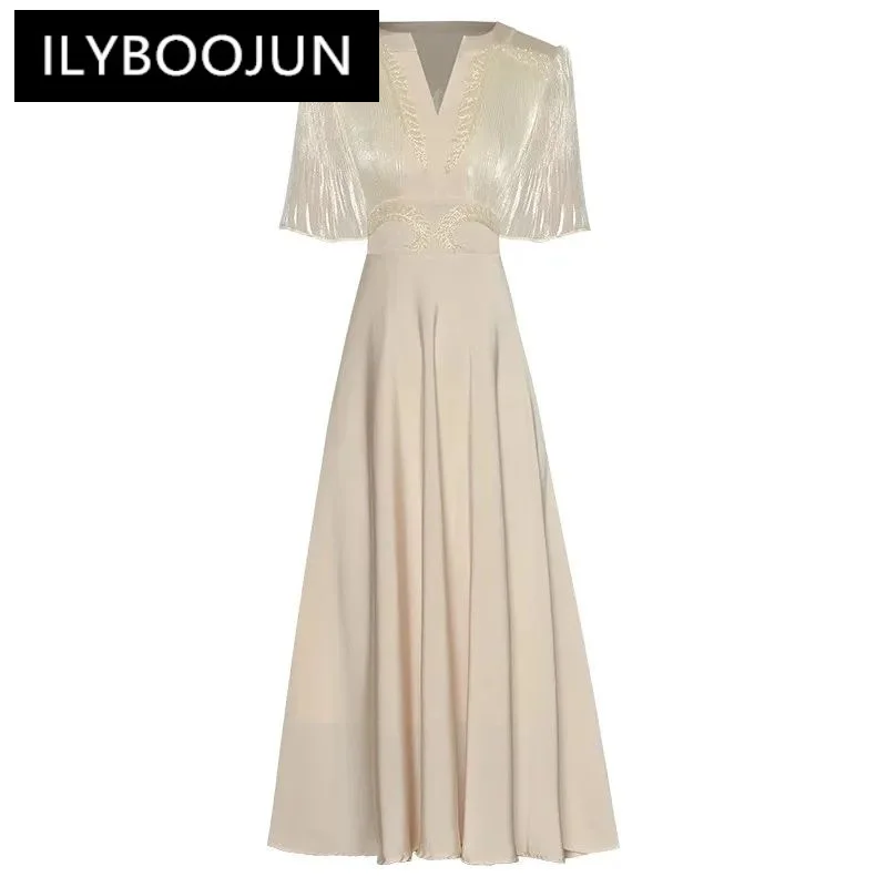 

ILYBOOJUN Fashion dress Summer Women's Dress Ruched Flare Sleeve Beading V-neck Elegant S-XXL Midi Dresses