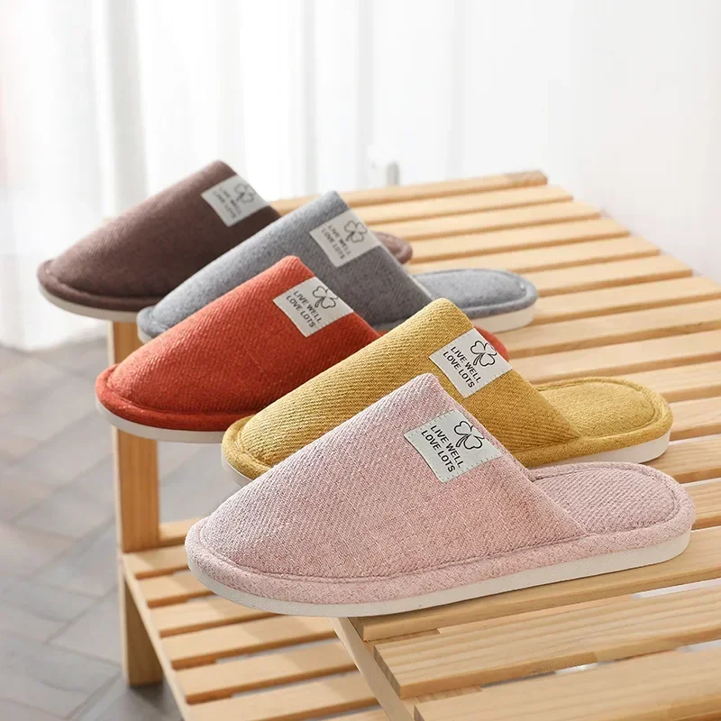 

Women Indoor Slippers Corduroy Floor Flat Shoes Comfort Anti-slip Men Couple House Cotton Slides Home Flax Linen Slipper Unisex