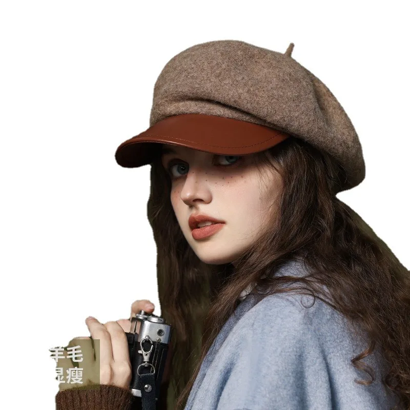 

2023 New Winter Wool Berets Women Autumn England Style Peaked Newsboy Cap Face Painter Leather Brim British Retro Artist Hat