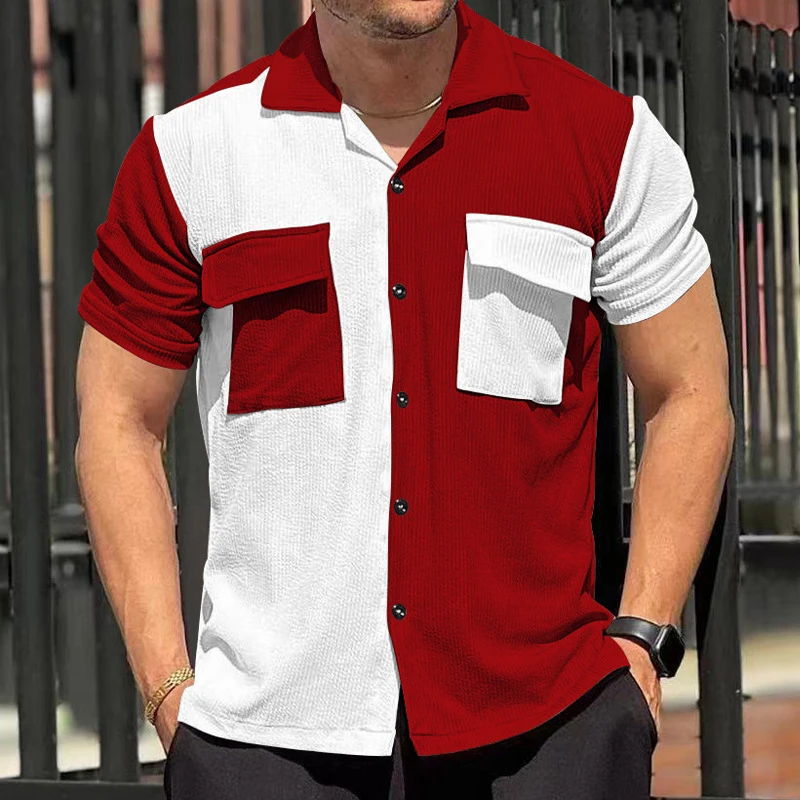 

Fashion Contrast Color Patchwork Shirt Men Vintage Lapel Button-up Pockets Corduroy Shirts Male Summer Loose Mens Casual Shirts