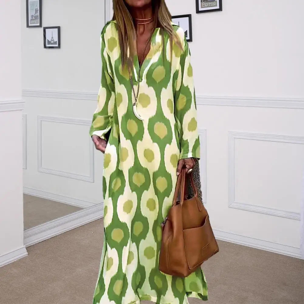 Women Fall Spring Dress V Neck Lapel Long Sleeve Dress Color Matching Print Split Hem A-line Loose Vintage Lady Maxi Dress
Women Fall Spring Dress V Neck Lapel Long Sleeve Dress Color Matching Print Split Hem A-line Loose Vintage Lady Maxi Dress