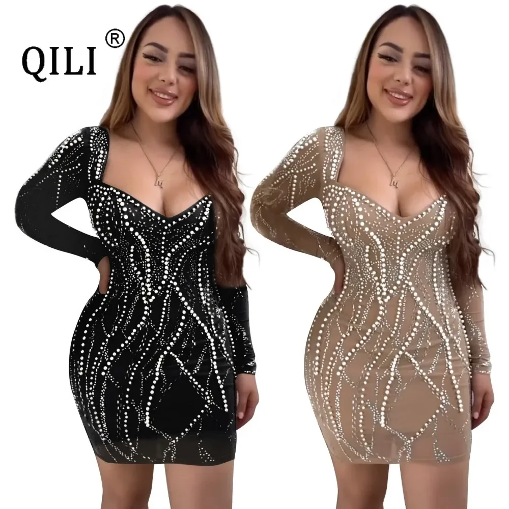 

QILI-Beading and Rhinestones Dress for Women, Full Sleeve, Sexy Women's Party Nightclub Dress, Black, Apricot Bodycon