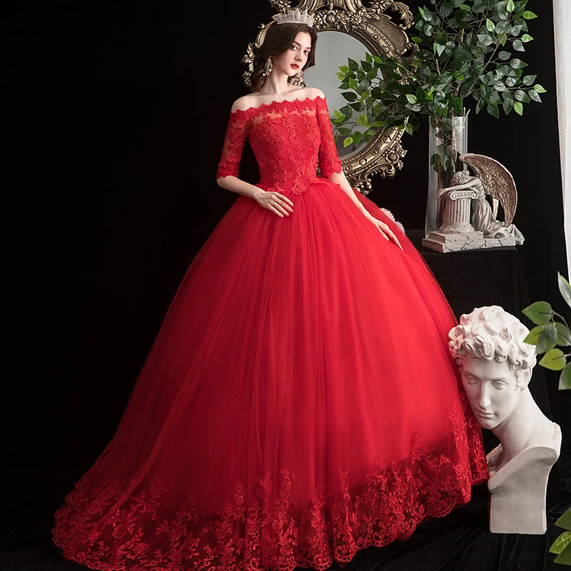Robe De mariée classique rouge en dentelle, élégante, col bateau, grande taille, 2023 3