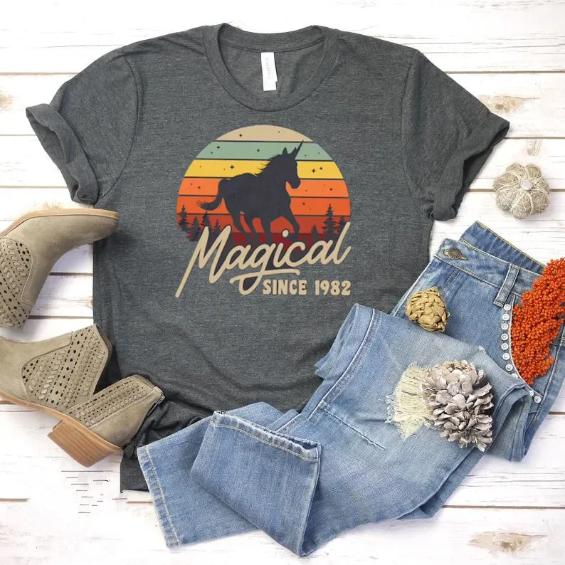Vintage 40th Birthday horse Shirt, Magical Since 1982 Gift Bday Celebration Women Retro Tee for Men 100% cotton Unisex y2k goth
Vintage 40th Birthday horse Shirt, Magical Since 1982 Gift Bday Celebration Women Retro Tee for Men 100% cotton Unisex y2k goth